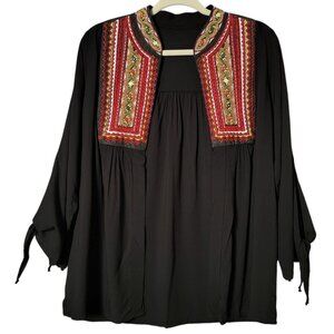 Moda Cache Womens Black Mexican Embroidered Artisan Peasant Open Front Top Large